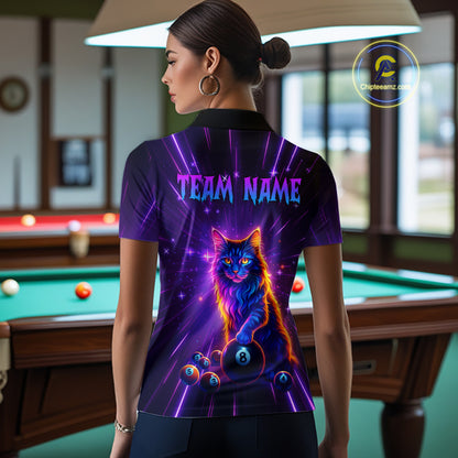 Personalized Funny Neon Cat 8 Ball Pool Women Billiard Polo & 1/4 Zip, Billiard Shirt, Billiard Team Jerseys NNT143