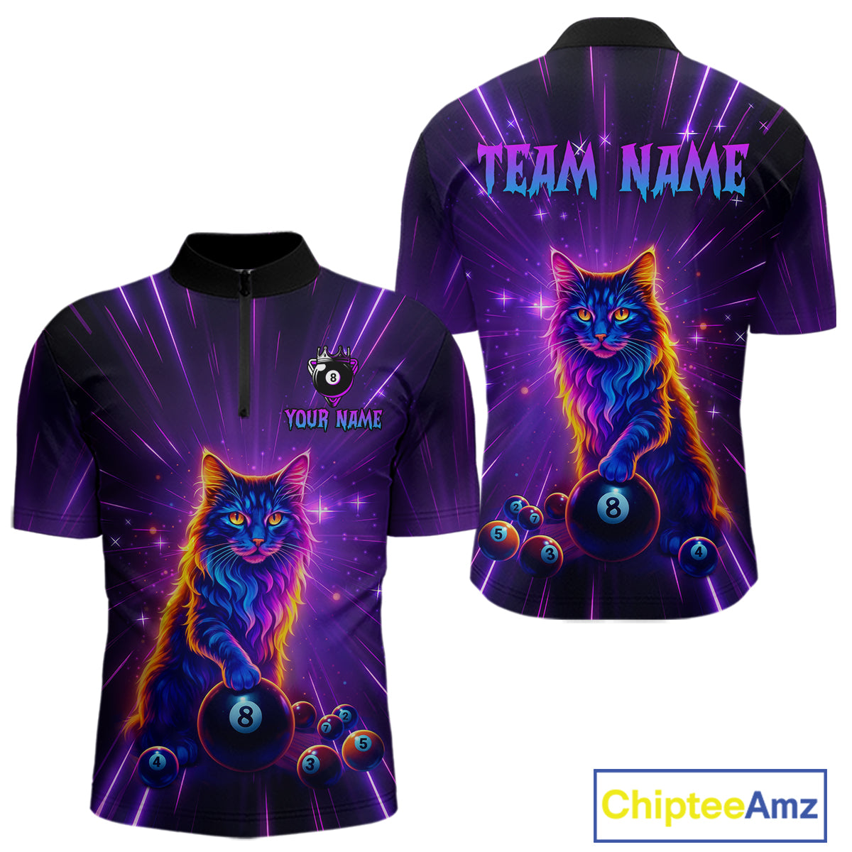 Personalized Funny Neon Cat 8 Ball Pool Men Billiard Polo & 1/4 Zip, Billiard Shirt, Billiard Team Jerseys NNT143