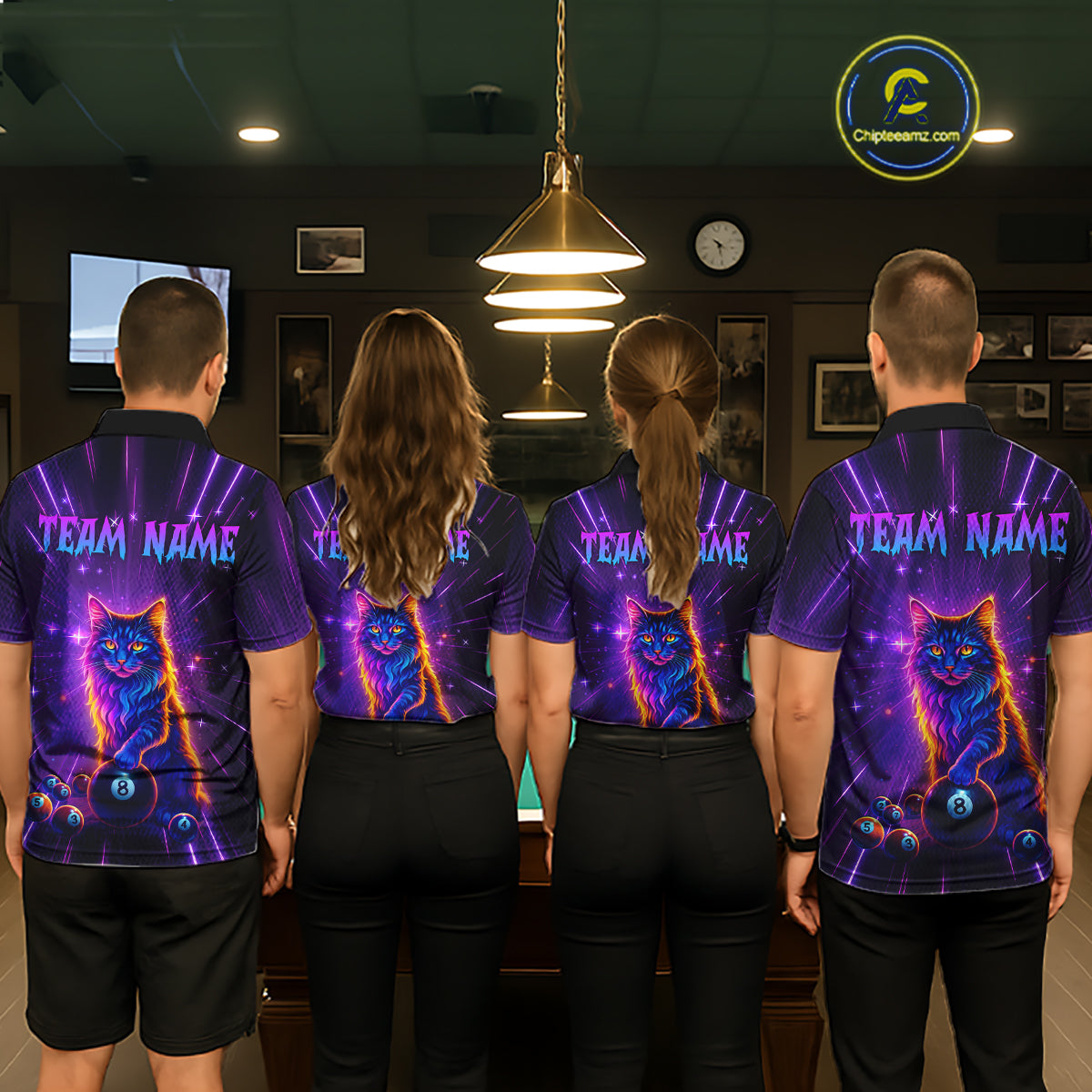 Personalized Funny Neon Cat 8 Ball Pool Men Billiard Polo & 1/4 Zip, Billiard Shirt, Billiard Team Jerseys NNT143
