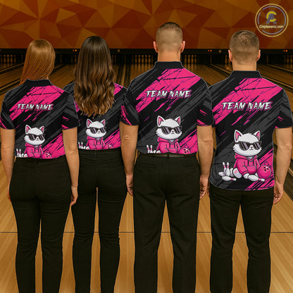 Custom Funny Pink Cat Bowling Jersey for Men Bowling Team Shirts Bowling Polo & 1/4 Zip HNT257