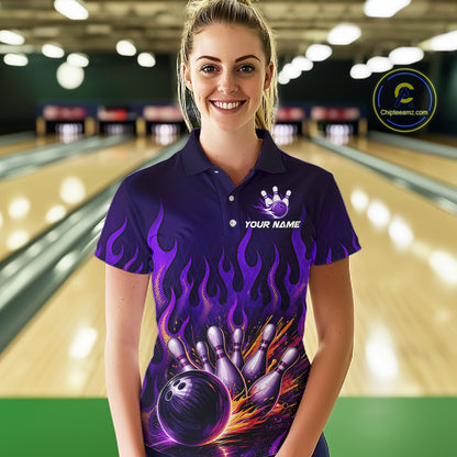 Purple Flaming Bowling Jersey for Women Custom Bowling League Bowling Team Shirts HN293