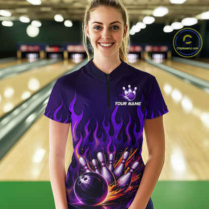 Purple Flaming Bowling Jersey for Women Custom Bowling League Bowling Team Shirts HN293