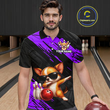 Load image into Gallery viewer, Man wearing a custom polo shirt with a dog design and bowling elements in a bowling alley.