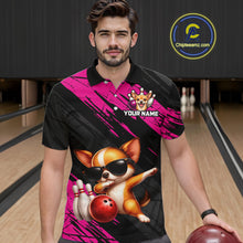 Load image into Gallery viewer, Man wearing a colorful polo shirt with a dog graphic and bowling elements in a bowling alley.