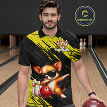 Load image into Gallery viewer, Man wearing a black and yellow polo shirt with a dog graphic holding a bowling ball in a bowling alley.