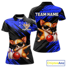 Load image into Gallery viewer, Polo shirt with a dog design holding a bowling ball, customizable text, and brand logo.