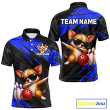 Load image into Gallery viewer, Black and blue polo shirt with cartoon dog design and customizable text on a white background