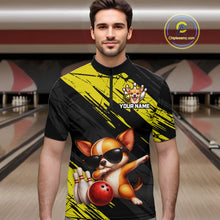 Load image into Gallery viewer, Man wearing a black and yellow bowling-themed shirt with a dog graphic in a bowling alley.