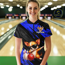 Load image into Gallery viewer, Person wearing a custom bowling shirt with a dog design in a bowling alley.