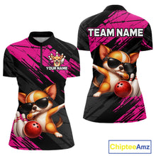 Load image into Gallery viewer, Two views of a shirt with a cartoon dog bowling design, customizable text, and brand logo.