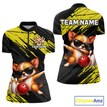 Load image into Gallery viewer, Two views of a polo shirt with a dog bowling design, customizable text areas, and Chiptee Amz branding.