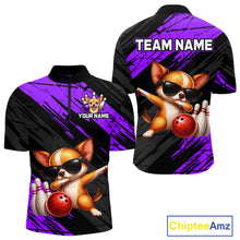 Load image into Gallery viewer, Two shirts with a cartoon dog bowling design and customizable text on a white background.