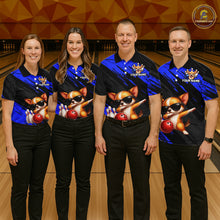 Load image into Gallery viewer, Four people wearing matching bowling shirts with a dog design on a bowling alley.