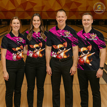 Load image into Gallery viewer, Four people wearing matching bowling shirts with a dog design on a bowling alley.