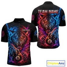 Load image into Gallery viewer, Black polo shirt with colorful tiger design and customizable text on a white background