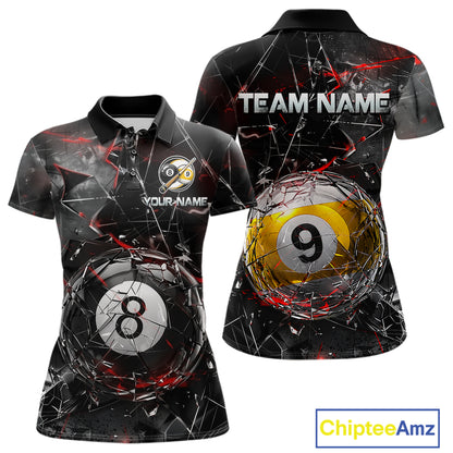 Women’s collared pool-themed polo dress in black and gray tones with cracked glass artwork, custom “TEAM NAME” and “YOUR NAME” text areas, and dramatic 8-ball and 9-ball illustrations.
