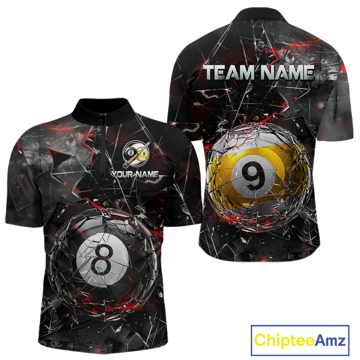 Men’s collared pool-themed quarter zip dress in black and gray tones with cracked glass artwork, custom “TEAM NAME” and “YOUR NAME” text areas, and dramatic 8-ball and 9-ball illustrations.