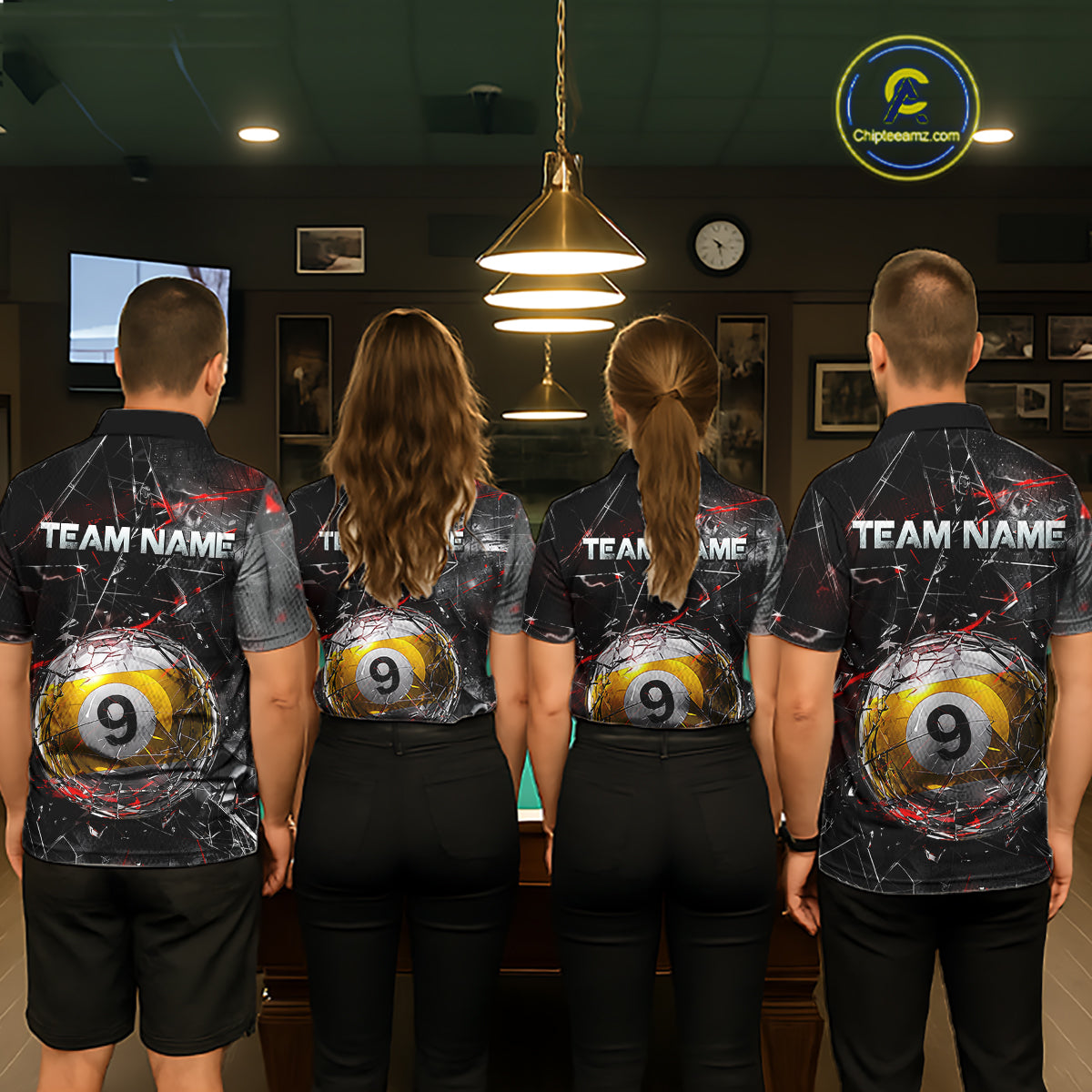 Four people standing with their backs facing the camera in a billiards hall, wearing matching black polo shirts with shattered-glass graphics, “TEAM NAME” text, and large yellow 9-ball designs on the back.