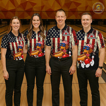 Load image into Gallery viewer, Four people wearing matching bowling shirts with American flag and hot dog design on a bowling alley.