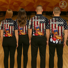 Load image into Gallery viewer, Four people wearing matching bowling shirts with a patriotic design on a bowling alley.