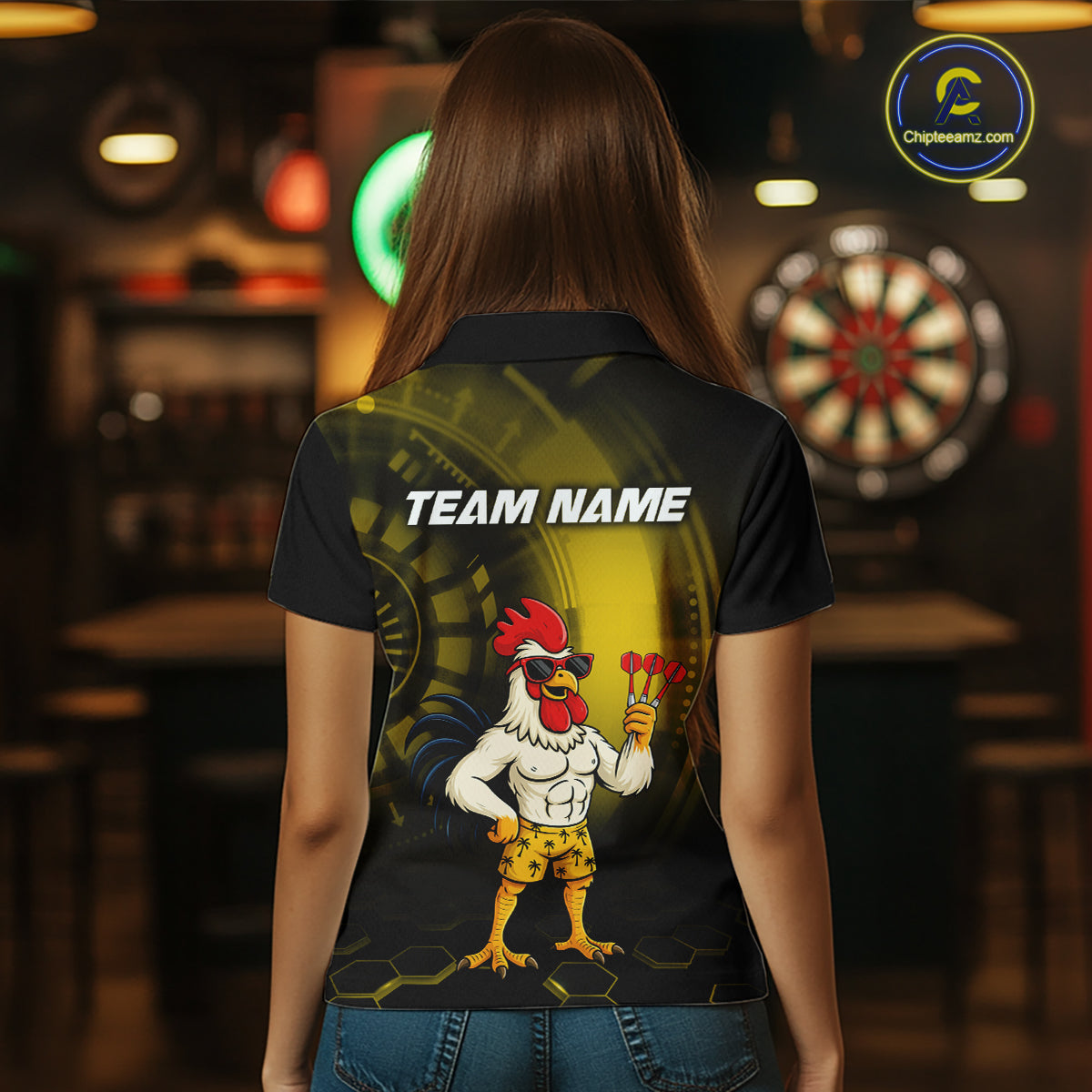 Custom Yellow Funny Chicken Darts Shirt for Women Darts Team Jerseys Polo & 1/4 Zip Dart League NNT131