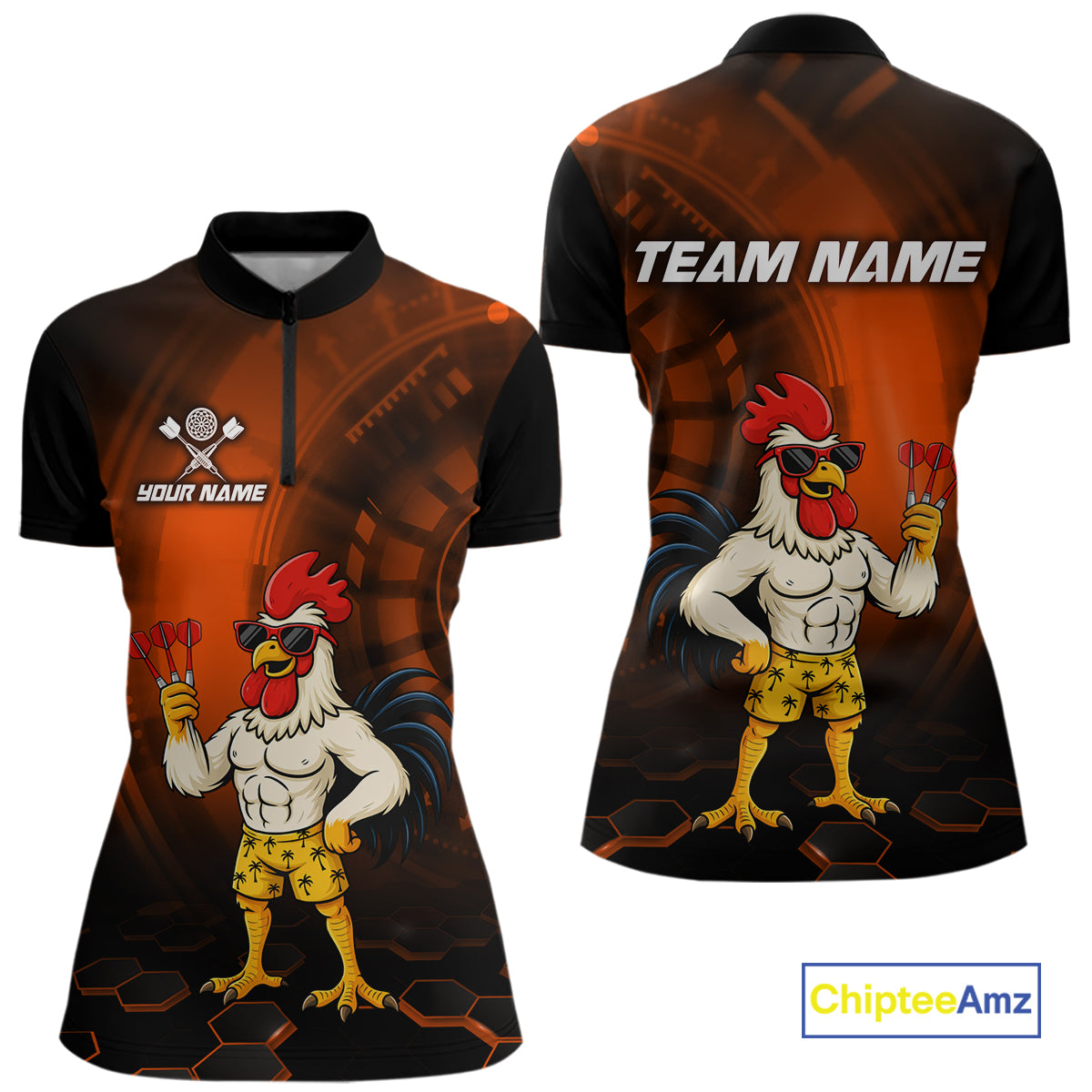 Custom Orange Funny Chicken Darts Shirt for Women Darts Team Jerseys Polo & 1/4 Zip Dart League NNT131