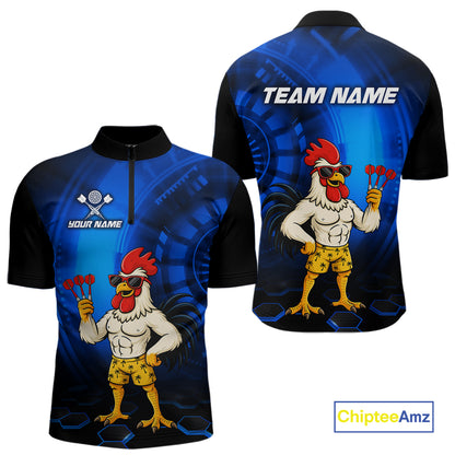 Custom Blue Funny Chicken Darts Shirt for Men Darts Team Jerseys Polo & 1/4 Zip Dart League NNT131