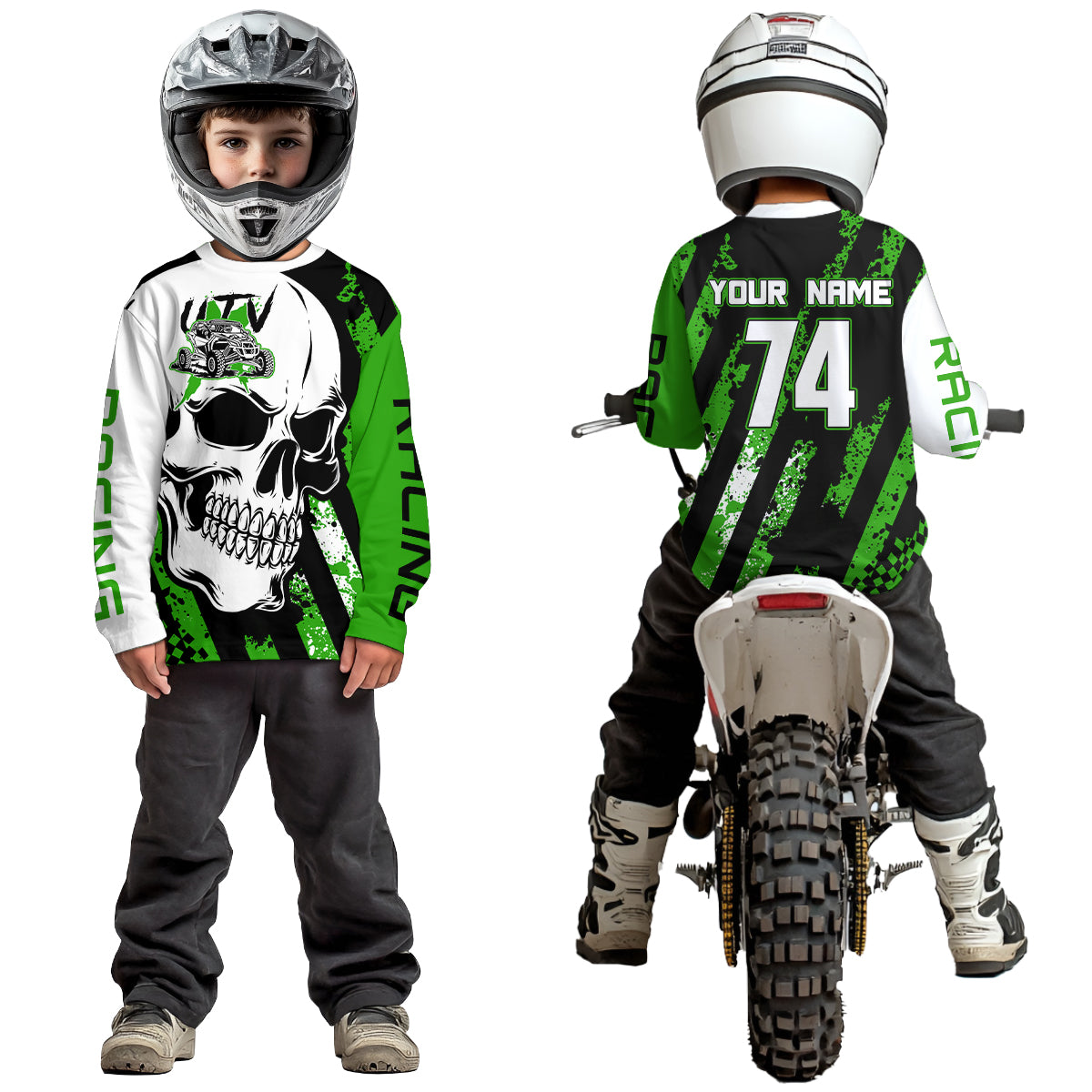 Custom Skull Green UTV Off-Road Shirts UTV Motocross Racing Shirt Kid Men Women UPF30+ DNT89