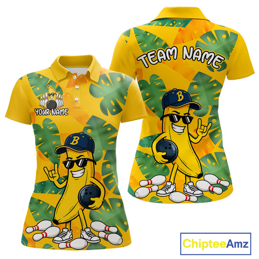 Front and back views of a bright yellow polo shirt with tropical leaf patterns, featuring a cartoon banana character wearing sunglasses and holding a bowling ball among scattered pins.