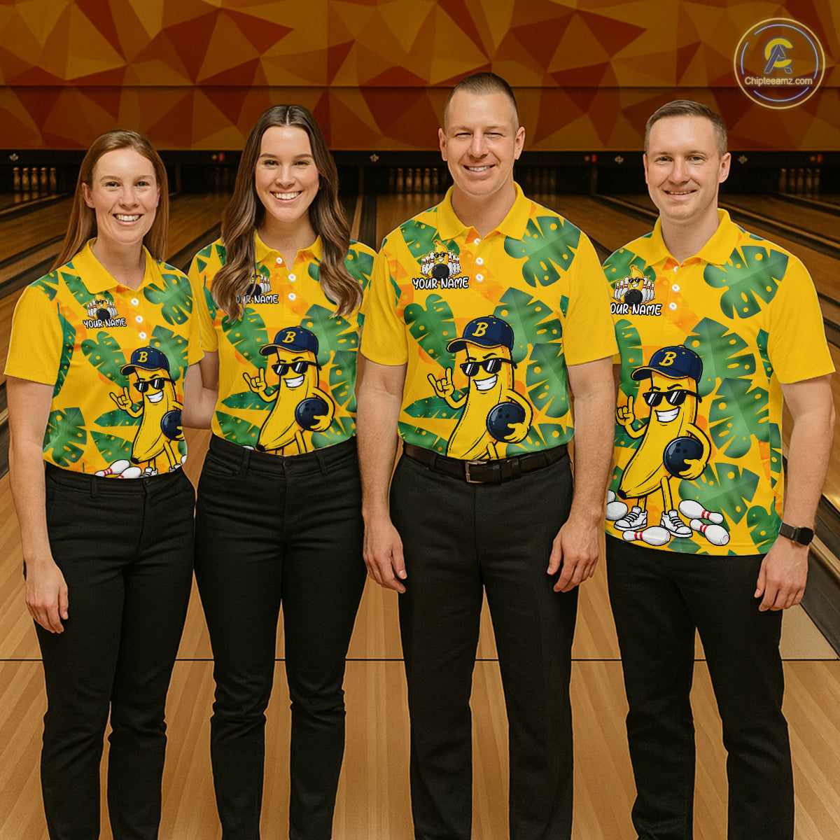 Four people wearing matching yellow bowling shirts with a banana character on a bowling alley.