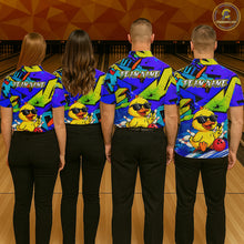 Load image into Gallery viewer, Four people wearing colorful bowling shirts with a duck design on a bowling alley.