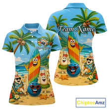 Load image into Gallery viewer, Front and back views of a sky blue bowling polo with a tropical beach scene, smiling bowling ball and pins, colorful surfboard, palm trees, and personalized name and team name text.