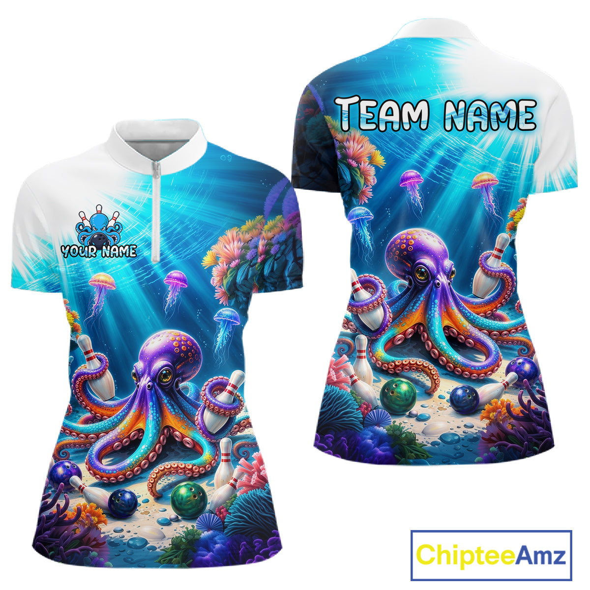 Front and back views of a white and ocean-blue bowling quarter zip shirt featuring a vibrant underwater scene with a purple octopus, floating jellyfish, coral reefs, and scattered bowling pins.