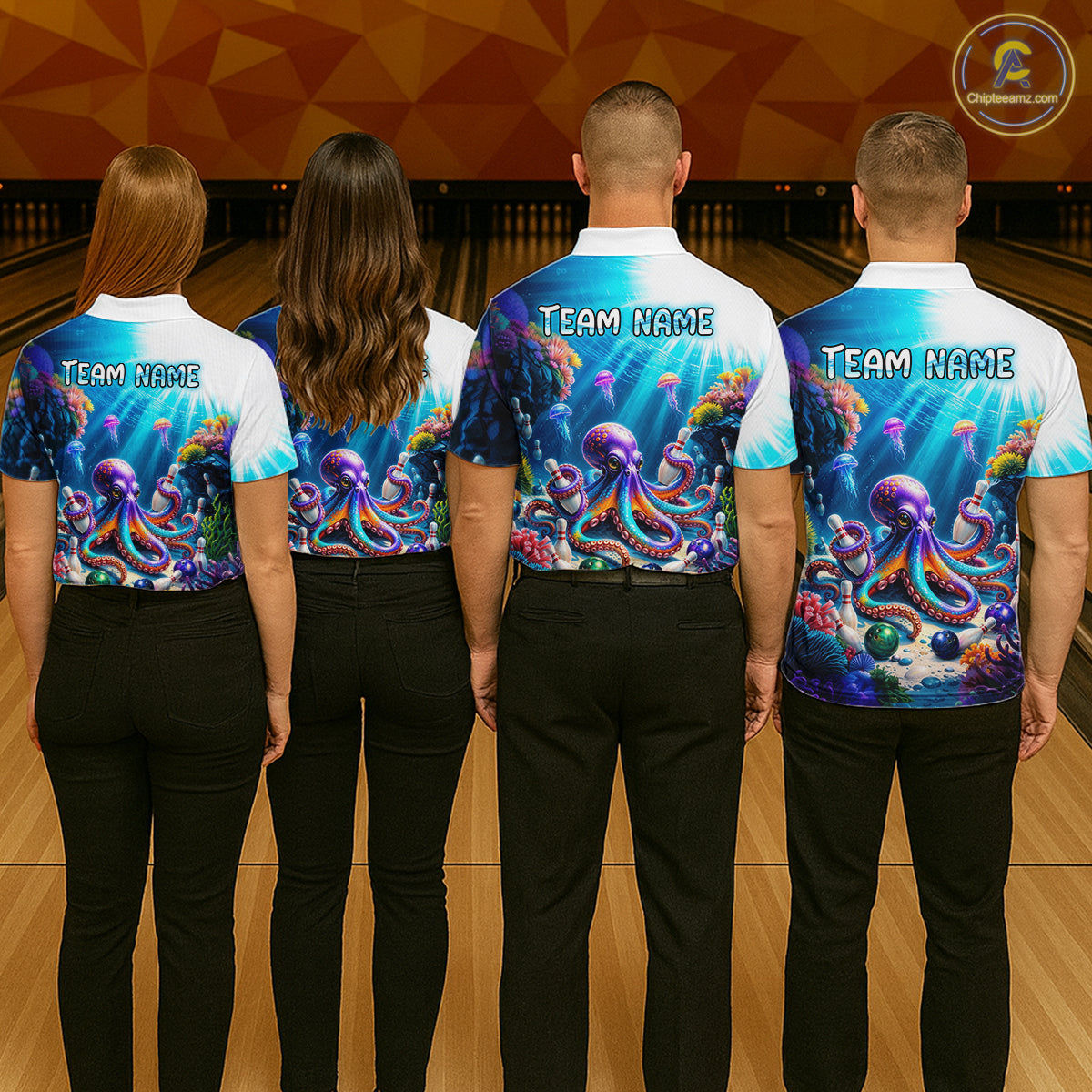 Four people wearing colorful bowling shirts with octopus designs and 'Team Name' text in a bowling alley.