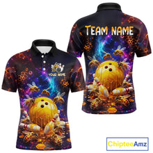 Load image into Gallery viewer, Front and back views of a dark bowling polo with cosmic honeycomb graphics, bees, honey-dripping bowling balls, pins, and custom team text.