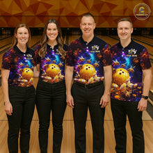 Load image into Gallery viewer, Four-person bowling team posing in matching dark cosmic shirts with honeycomb patterns, bees, dripping golden bowling balls, and custom name text.