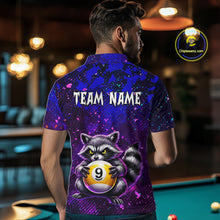 Load image into Gallery viewer, Man wearing a colorful polo shirt with a raccoon and pool ball design, standing in a bar.