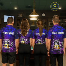 Load image into Gallery viewer, Four people wearing matching purple billiard shirts with raccoon and pool ball designs in a billiard league