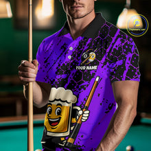 Load image into Gallery viewer, Man wearing a purple funny beer billiard shirt with a pool cue, standing in front of a pool table.