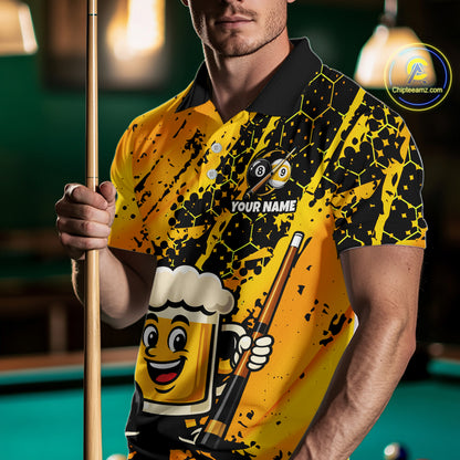 Man wearing a yellow funny beer billiard shirt with a pool cue, standing in front of a pool table.