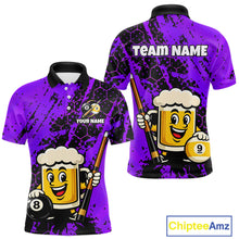 Load image into Gallery viewer, Custom pool team shirt featuring a cartoon beer mug character, 8-ball and 9-ball graphics, and personalized “TEAM NAME” and “YOUR NAME” text areas.