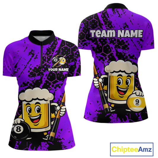Custom pool team shirt featuring a cartoon beer mug character, 8-ball and 9-ball graphics, and personalized “TEAM NAME” and “YOUR NAME” text areas.