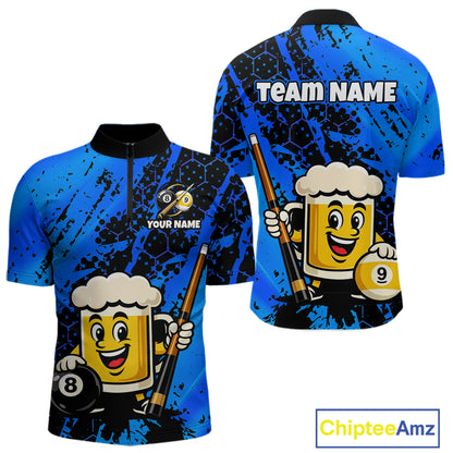 Custom pool team shirt featuring a cartoon beer mug character, 8-ball and 9-ball graphics, and personalized “TEAM NAME” and “YOUR NAME” text areas.