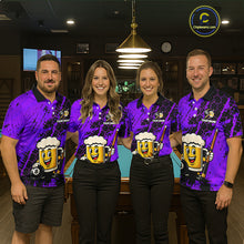 Load image into Gallery viewer, Four teammates in a billiards hall wearing matching purple funny beer-themed pool polos, sleeve name text, and large 8-ball graphics.