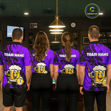 Load image into Gallery viewer, Four teammates in a billiards hall wearing matching purple funny beer-themed pool polos, sleeve name text, and large 9-ball graphics.