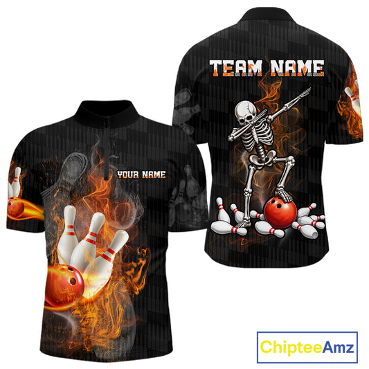 Black short-sleeve bowling-themed t-shirt shown from the front and back, featuring a dancing skeleton, bowling pins, red bowling balls, and flame effects. Includes customizable text placeholders 'TEAM NAME' and 'YOUR NAME'.