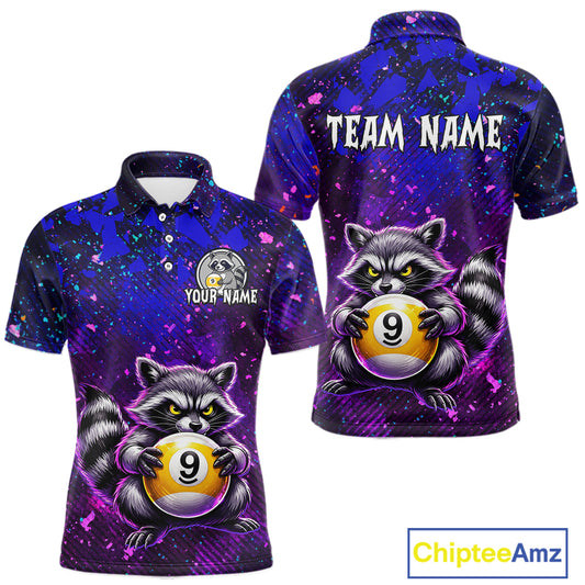 Polo shirt with raccoon holding a pool ball design on a purple and blue gradient background, featuring 'Chiptee Amz' branding.