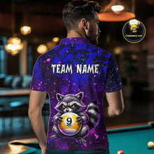 Load image into Gallery viewer, Person wearing a colorful polo shirt with a raccoon and pool ball design, standing in a bar.