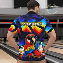 Load image into Gallery viewer, A man viewed from behind wearing a short-sleeve bowling-themed polo shirt with a colorful geometric pattern and a large parrot graphic on the back. The shirt features the text 'TEAM NAME' and a red bowling ball with white bowling pins near the lower back.