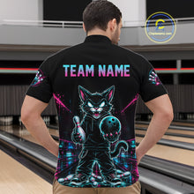 Load image into Gallery viewer, A man viewed from behind wearing a black short-sleeve bowling-themed polo shirt with a large neon cat graphic and the text 'TEAM NAME' on the back. The shirt also has matching graphics on the sleeves.